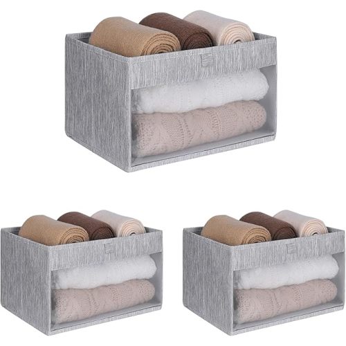 WUIKE Closet Storage Bins with Clear Window Light Gray, Large, 3 Pack