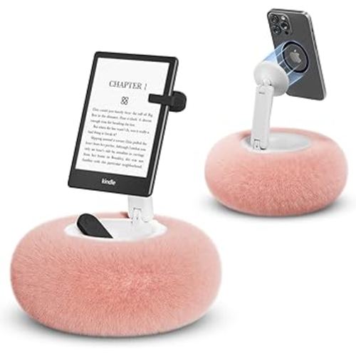 Magnetic Phone Pillow Stand, Phone Holder for Bed,Lap,Desk, Cozy Pillow Stand with Snack Bowl and 2 Magnetic Rings, Compatible with 3.5-7" iPhone,E-Reader, Kindle, Pink