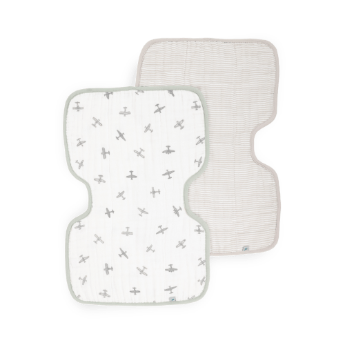 Organic Cotton Muslin Burp Cloth 2 Pack - Pewter Planes + Sand Stripe