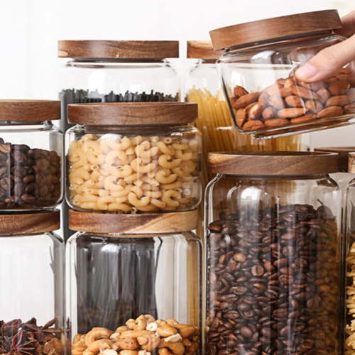 GOOHOCHY Transparent High Borosilicate Glass Grain Storage Container with Wooden Lid for Home 700ml