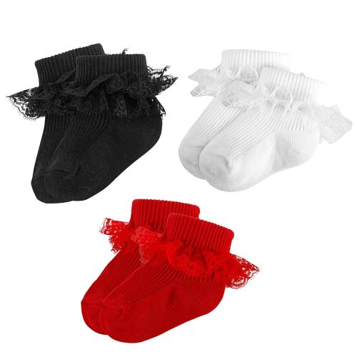 Baby Girl Ruffle Socks Eyelet Double Lace Turn Cuff Ankle Frilly Dress Socks for Newborn/Infant/Toddler/Little Kids