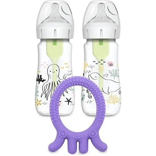 Dr. Brown’s Natural Flow® Anti-Colic Options+™ Wide-Neck Baby Bottle, Ocean Design, 9 oz/270 mL, Level 1 Nipple, 2-Pack, 0m+ with Flexees Friends Silicone Teether, Purple Octopus