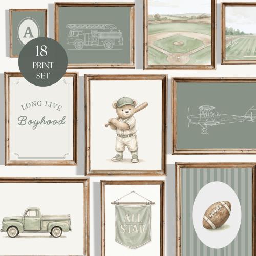 Sage Green Boy Nursery Prints, 18 Piece Sports Gallery Wall Set (Digital Download)
