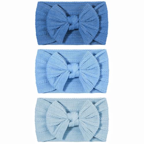 Handmade Baby Girl Headbands with Bows, Soft Stretchy Nylon Baby Headbands, Baby Bows for Girls, Blue Headband for Infants Toddlers（3Pack Blue）