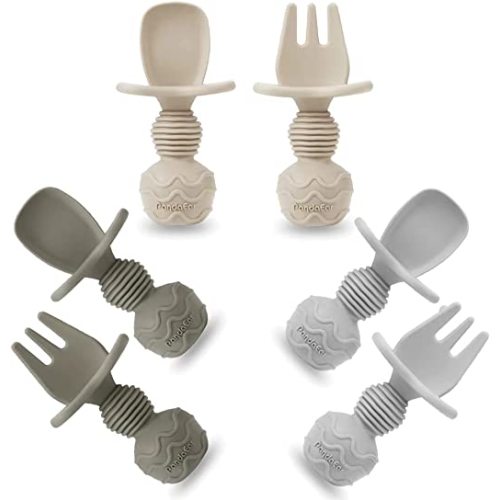 PandaEar 6 Pack Silicone Baby Spoons and Fork Feeding Set- Anti-Choke First Self Feeding Utensils for Baby Led Weaning Ages 3 Months (Tan,Walnut&Grey)