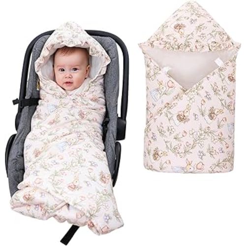 LAT LEE AND TOWN Winter Baby Car Seat Blanket for Newborn,35"x35"Universal Baby Wrap Blanket with Ruffle Hood,Winter Thickening Double Sided Cotton for Infants,Blankets for Stroller(Rabbit Flowers)