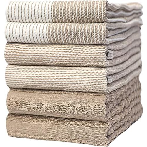 Premium Kitchen Towels (20”x 28”, 6 Pack) | Large Cotton Dish Towels | Flat & Terry Highly Absorbent Kitchen Linen Set with Hanging Loop | Tan