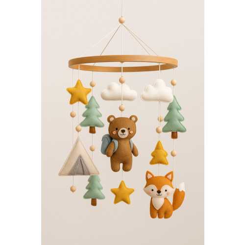Camping Baby Mobile – Woodland Crib Mobile with Bear, Fox, Trees & Tent | Handmade Felt Nursery Decor | Baby Shower Ideal for Gift | Newborn