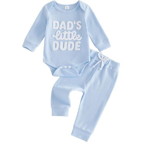 KMBANGI Waffle Knit Baby Boy Clothes Letters Embroidered Romper Pants Set