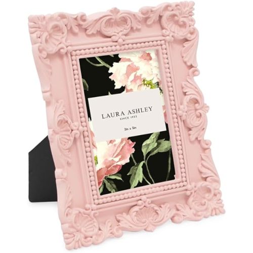 Laura Ashley 2x3 Pink Ornate Textured Hand-Crafted Resin Picture Frame with Easel, for Tabletop & Wall Display, Decorative Floral Design Home Décor, Photo Gallery, Art & More (2x3, Pink)