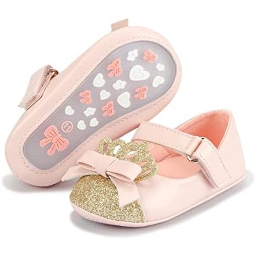 Sawimlgy Baby Girls Mary Jane Sequins Crown Flats PU Leather Wedding Party Princess Ballet Shoe Infant Rubber Sole Prewalker Toddler First Crib Shoes