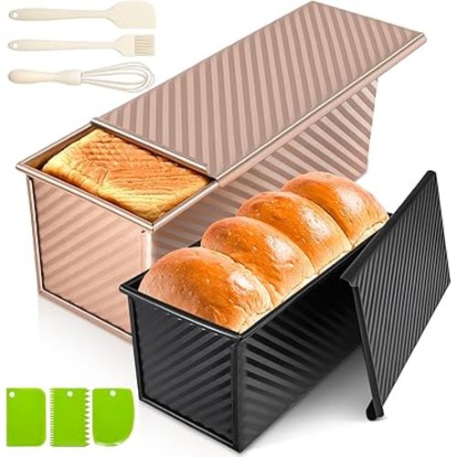 Dipanist 2Pack Pullman Loaf Pans with Lids – 2.2 LB & 1 LB Dough Capacity, Non-Stick Carbon Steel Bread Pans for Homemade Sandwich and Sourdough Bread, Corrugated Toast Mold