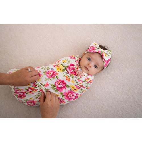 Floral Newborn Swaddle Blanket Set with Bow Headband, Baby Girl Swaddle, Pink Floral Swaddle, Newborn Photo Outfit, Hospital Swaddle
