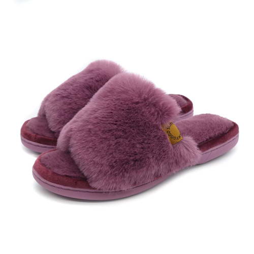 Onmygogo Fuzzy Indoor Slippers for Women Open Toe with Memory Foam, Soft Faux Fur Nonslip House Slippers(Plum,M)