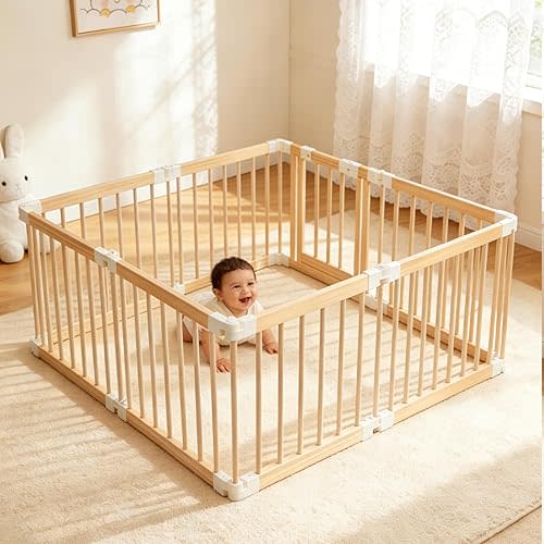 Baby Gate Playpen, Wooden Playpen for Babies and Toddlers, Foldable Baby Fence Play Area with Child-Proof Lock Large Adjustable Play Yard for Babies Toddlers (58 x 58 x 24 inches)