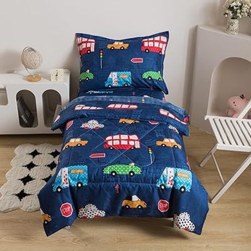 Caressma Navy Toddler Bedding Set Bed-in-a-Bag 4 Pieces, Soft Microfiber Kids Comforter with Cars,Buses & Traffic Lights Pattern, Includes Comforter, Fitted Sheet, Flat Sheet & Pillowcase