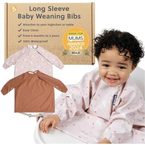 BIBaDO - Long Sleeve Baby Bibs - Babies & Toddlers 6-36 Months - Coverall Baby Led Weaning Bib - Easy Wipe, Soft & Waterproof