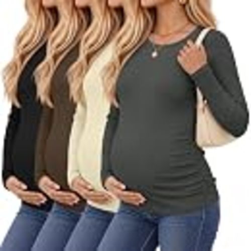 Huukeay 4 Pack Women's Cotton Maternity Sweatshirts | Ladies Long Sleeve Ribbed Knit Pregnancy Tops, Side Ruched Crew Neck Fitted Shirts, Stretchy Fall Mama Clothes