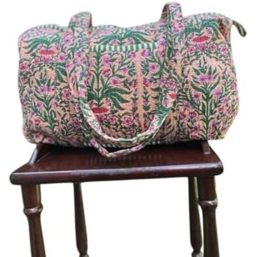 Yille Handmade Cotton Block Print Duffle Travel Bag Gym Yoga Bag,Quilted Bag Everyday use Gift for Someone Special Occasionally (Biege Temple)
