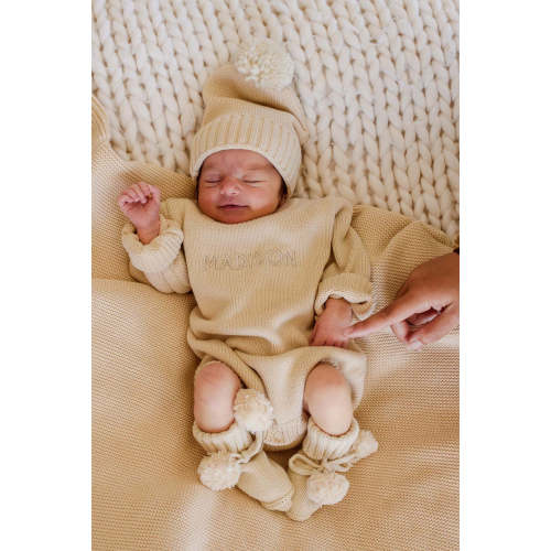 Embroidered Knit Sweater Bubble Romper in Sand | Caden Lane