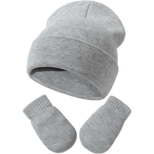 Newborn Baby Beanie Hat Gloves Set, Toddler Kids Solid Soft Winter Warm Knit Hat with Gloves for Unisex Boys Girls (Gray,3-24 Months)