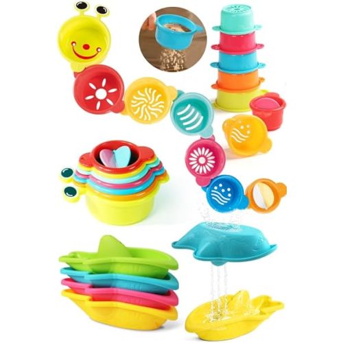 11 PCS Toddler Bath Toys for Kids Ages 1-3 Baby Shower Toys Mold Free Bathtub Toys for 12-18 Months Pool Water Table Beach Sand Toys Stacking Cups for Kids 2-4 Christmas Birthday Gifts for Boys Girls