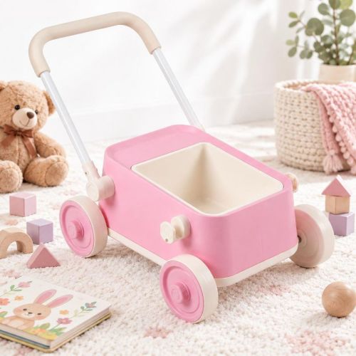 Foldable Baby Push Walker with Wheels and Storage Basket, Pink