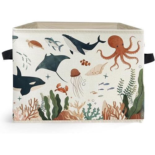 Coastal Beach Ocean Animal Storage Box Bins, Nautical Marine Sea Life Collapsible Storage Basket Organizer for Bedroom Laundry Room Home Clothes Books, Decor for Room