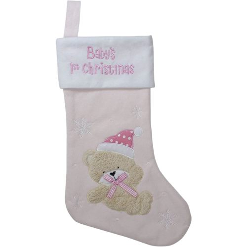 Northlight Baby's 1st Christmas Embroidered Teddy Bear Stocking, 19", White/Pink