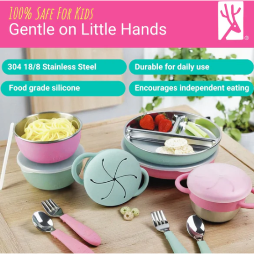 Stainless Steel Mealtime Bundle | Plates, Bowls, Snack Cups + Toddler Utensils | Normal Sleeves | Blush/Sage