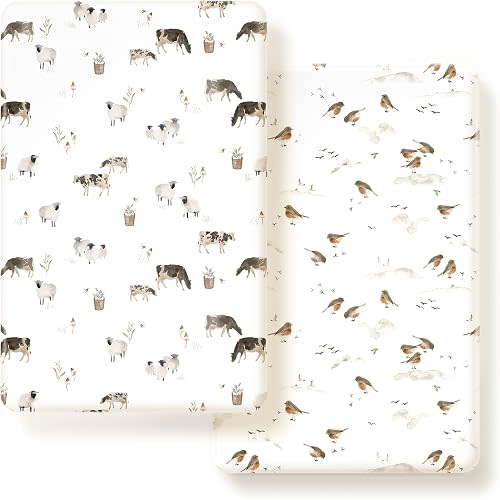 Pack n Play Sheets Fitted 2 Pack, Stretchy Ultra Soft Jersey Knit Pack and Play Sheets, Universal Fitted Portable/Mini Crib Mattresses Snug and Safe, Stylish Pattern for Boy and Girl
