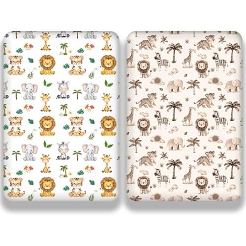 2 Pack Safari Jungle Animals Baby Sheets Neutral Unisex Fitted Lion Nursery Baby Sheet Set Toddler Mattress Sheets for Boys or Girls (Pack N Play Sheets)