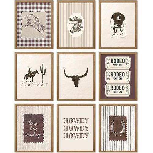 Pesiou Western Cowboy Wall Art Vintage Nursery Canvas Wall Decor Boy Room Art Rustic Southwestern Pictures Retro Country Poster Boho Western Prints for Bathroom Bedroom 8x10 Inch Unframed Set of 9