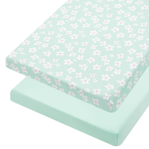 TILLYOU Mini Crib Fitted Sheets - Soft Knit Sheet for Pack N Play, Microfiber Mini Crib Sheets, Playpen Bedding Sheet for Baby 2 Pack, Machine Washable, 38'' x 24'', Fresh Flowers and Light Green