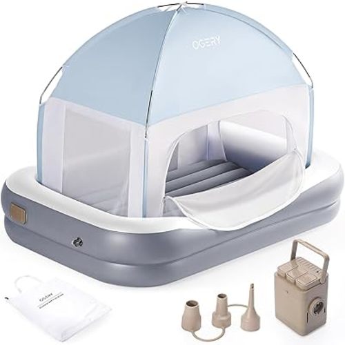 OGERY Inflatable Toddler Travel Bed with Cordless Rechargeable and Detachable Air Pump and Tent, Portable Kids Air Mattress with 4 Sides Safety Bumpers Ideal for Home, Grandma's, Camping, Traveling