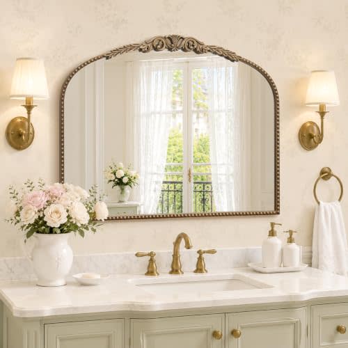 Besdomus Gold Vintage Vanity Mirror: 32"x24" French Baroque Arched Mirror | Traditional Ornate Antique for Dresser/Powder Room/Entryway/Hallway - Ideal for Home Interior Upgrade