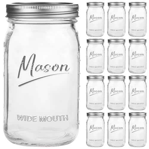 Mason Jars 32 oz,12 Pack Quart Wide Mouth Mason Jar With Airtight Lids,Glass Canning Jars for Fermenting, Pickling,Meal Prep,Overnight Oats & Centerpieces