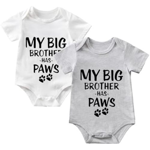 My Big Brother Has Paws Baby Boy Girl Onesie Funny Unisex Infant Bodysuit Romper Clothes 0-12 months (2-Pack)