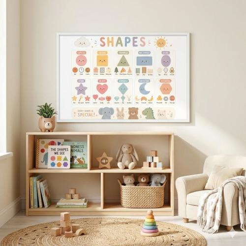 Montessori Shapes Poster, Kids Learning Wall Art, Pastel Educational Print, Nursery Classroom Decor