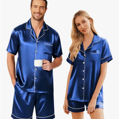Ekouaer Couple Matching Pajamas Sets Silk Short Sleeve Button Down Sleepwear Satin Pjs Shorts Set Soft Lounge Set S-XXL