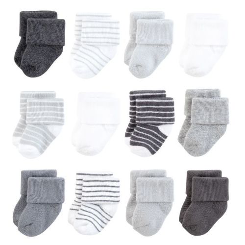 Hudson Baby Terry Socks, 12 Pack, gray white stripe color (0-6 months)