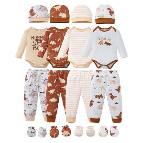 KIMI BEAR Newborn Baby Boys Layette Set 4 Packs Outfits Winter Clothes Sets Long Sleeves Romper Pants Dinosaur Print Stripped Top with Hat and Gloves 16pcs Gifts Brown