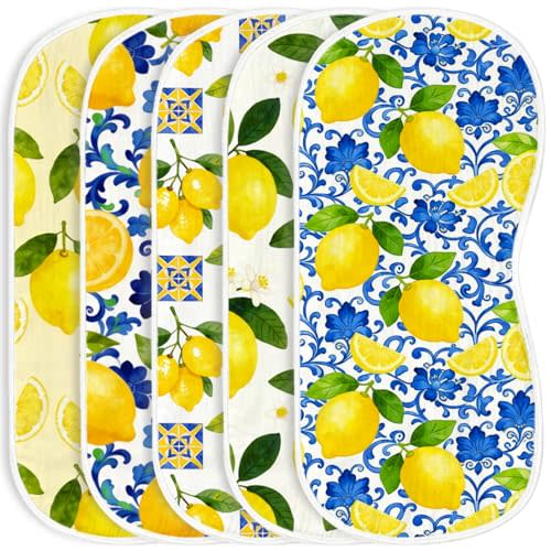 Pack 5 Baby Burp Cloths for Boys Girls Large Lemon Print Contoured Cotton Burp Rags Highly Absorbent Soft Burping Spit Up Cloths for Newborn Mediterranean Theme Unisex Shower Gifts