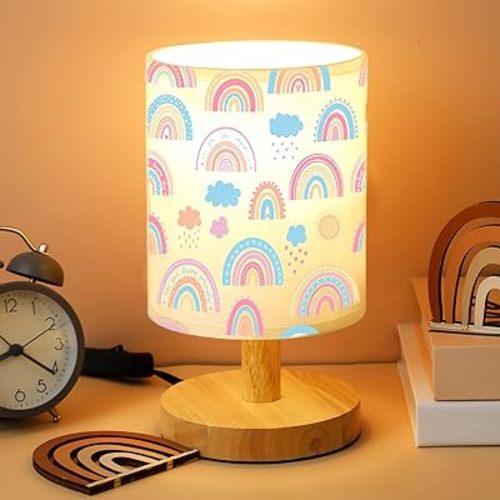 VIHOSE Kids Table Lamp for Bedroom Kids Bedside Lamp with Linen Wooden Nightstand Lamp Cartoon Nursery Lamp Lampshade for Girls Boys Living Room(Rainbow)