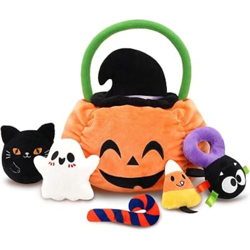 Finebee Halloween Baby Toys, Cute Pumpkin Stuffed Animal with Ghost Spider Black Cat Candy Corn Plush Toys for Baby Boys Girls, Halloween Plush Gifts Basket Party Favors for Kids Babies Toddlers