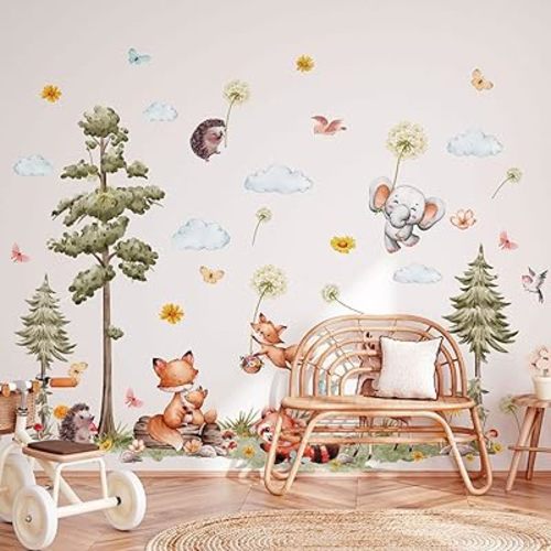 Woodland Animals Wall Decals-Pine Tree Forest Wall Stickers with Deer, Fox, Elephant, Removable Nursery Wall Art for Kids Bedroom, Playroom，Living Room