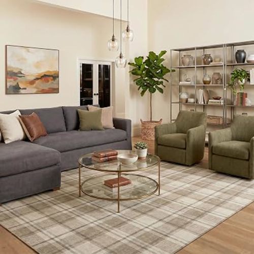 Beige Checkered 6x9 Washable Non-Slip Area Rug for Living Room