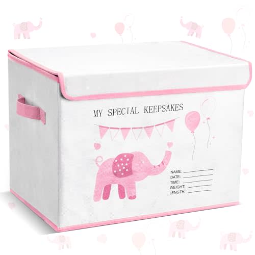 Lemonroad Baby Girl Keepsake Memory Box, Pink, Elephant | 16in Large Storage for Baby Keepsakes, Collapsible Bin for Treasured Mementos, Baptism Gift