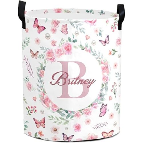 Large Custom Name Laundry Hamper, Flowers Personalized Dirty Clothes Hamper Storage Basket with Name for Bathroom Bedrooms, Customized Name Circular Hamper with Handles for Baby Boys Girls Men Women