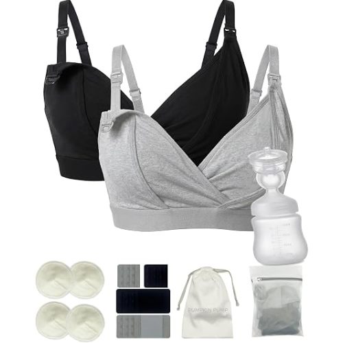 PUMPKIN PUMP Pumping Bra Hands Free, Nursing and Pumping Bra in One, Maternity Comfort V-Neck Bra Holding Breast Pumps 2 Pack with Nursing Pads, Extenders & Wash Bag & Storage Bag Set (Medium)